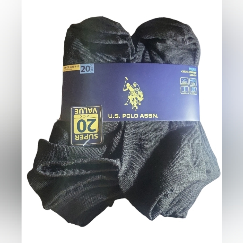 Polo Assn. Causal Socks w/Logo Color Size 6-12 black colors 20 Pairs